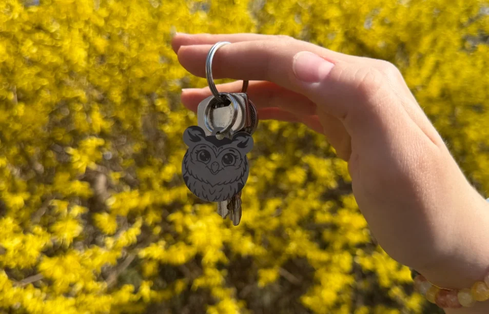 Nerezová klíčenka s vlastním textem - Sova - Vryto.cz